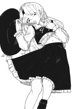 1girl boots collared_shirt commentary_request cross dolls_in_pseudo_paradise fedora frilled_shirt_collar frilled_sleeves frills greyscale hat hat_feather holding holding_cross jacket_girl_(dipp) long_hair long_sleeves lying midriff monochrome navel neck_ribbon open_clothes open_shirt parted_bangs ribbon shirt simple_background skirt solo suzumi_jingle touhou unworn_hat unworn_headwear vest white_background