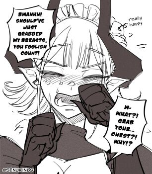 Rule 34 | 1girl, arrow (symbol), blush, closed eyes, commentary, crying, english text, facing viewer, greyscale, happy tears, highres, horns, maid headdress, monochrome, open mouth, orange eyes, original, pointy ears, portrait, senukin, short hair, simple background, sobbing, solo, speech bubble, tears, twitter username, v-shaped eyebrows, variant set, white background