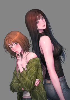 Rule 34 | 2girls, bad thinking diary, bare shoulders, black hair, black shirt, breasts, brown hair, commentary request, denim, green shirt, grey background, grey eyes, halter shirt, halterneck, highres, kang yuna (bad thinking diary), kim minji (bad thinking diary), korean commentary, large breasts, long hair, multiple girls, off shoulder, rangrarii, shirt, short hair, simple background, tank top, turtleneck, turtleneck shirt, white tank top