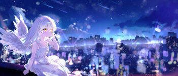 Rule 34 | 1girl, angel beats!, angel wings, blush, city lights, dress, highres, long hair, looking afar, sitting, sky, star (sky), starry sky, tachibana kanade, white dress, white hair, wings, yellow eyes, yunduan tianshang de long yt