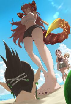 1boy 3girls ahoge alternate_costume arms_up bare_legs barefoot baseball_bat beach black_hair black_nails black_shorts blindfold blonde_hair blue_sky blush breasts buried cleavage cloud commentary_request day dola_(nijisanji) dragon_girl dragon_horns dragon_tail earrings elu_(nijisanji) eyewear_on_head folded_ponytail foreshortening from_below green_shorts grey_tank_top grin hanabatake_chaika hiding hiding_behind_another highres holding holding_baseball_bat horns incoming_attack jewelry large_breasts lens_flare long_hair long_pointy_ears medium_hair midriff multiple_girls nail_polish navel nijisanji orange_horns orange_tail outdoors pointy_ears red_hair round_eyewear sand scales shore shorts sister_claire sky smile sports_bra standing suikawari sunglasses tail tank_top very_long_hair virtual_youtuber white_sports_bra yamaotoko