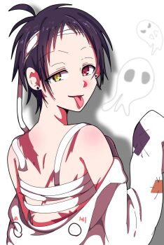 Rule 34 | 1boy, bandaged chest, bandages, ear piercing, ghost, heterochromia, highres, kamiya tsurugi, long sleeves, male focus, non-web source, piercing, scar, scar on chest, servamp, shirt, short bangs, short hair, tongue, topless male, tsurugi83015, white shirt