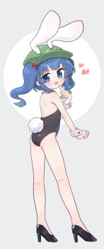 1girl animal_ears black_leotard black_shoes blue_eyes blue_hair blush fake_animal_ears fake_tail flat_cap full_body green_hat hair_bobbles hair_ornament hat heart high_heels highres kawashiro_nitori kibisake leotard loli looking_at_viewer medium_hair open_mouth playboy_bunny rabbit_ears rabbit_tail shoes smile solo strapless strapless_leotard tail touhou two_side_up