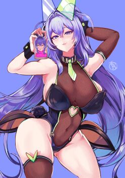 1girl arm_behind_head azur_lane black_thighhighs blue_background blue_hair breasts cellphone clothing_cutout covered_navel crossed_bangs fishnet_gloves fishnet_leotard fishnet_thighhighs fishnets gloves gluteal_fold green_necktie groin hair_intakes hands_up heart_cutout highres holding holding_phone huge_breasts leotard necktie new_jersey_(azur_lane) parted_lips phone purple_eyes revolverwing simple_background single_thighhigh smartphone solo thighhighs