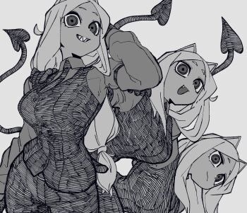 3girls absurdres bone_nigi boots cerberus_(helltaker) demon_girl formal_clothes greyscale helltaker highres long_hair monochrome multiple_girls pants suit tail triplets white_hair