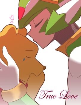 Rule 34 | 2boys, bear, crossover, facial mark, from side, green helmet, heart, helmet, highres, kiss, kissing forehead, lessgalaxy, mega man (series), mega man zero (series), multiple boys, pooh, profile, sage harpuia (mega man), simple background, upper body, white background, winnie the pooh