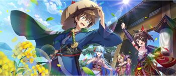 1boy 3girls :d apron aqua_(konosuba) architecture arm_garter arm_up armor armpit_crease bare_shoulders black_sash blonde_hair blue_eyes blue_hair blue_kimono blue_sky breasts brown_hair cape chest_sarashi cleavage clenched_hand closed_mouth cloud cloudy_sky collarbone darkness_(konosuba) day east_asian_architecture edo_jidai eyepatch falling_leaves falling_petals floral_print floral_print_kimono flower from_below game_cg green_cape green_eyes hadanugi_dousa hair_between_eyes hair_ornament hair_rings hair_stick hair_up hand_fan hand_on_headwear hand_on_own_hip highres holding holding_fan japanese_armor japanese_clothes kanzashi katana kimono kono_subarashii_sekai_ni_shukufuku_wo! konosuba!_fantastic_days kote kurokote large_breasts leaf light_blush long_hair looking_at_another megumin multicolored_kimono multiple_girls nervous_sweating obi obidome obijime official_alternate_costume official_alternate_hairstyle official_art open_kimono open_mouth outdoors petals pink_kimono ponytail print_kimono purple_kimono red_eyes red_kimono rope_belt sandogasa sarashi sash satou_kazuma sheath sheathed short_hair short_hair_with_long_locks short_kimono shoulder_armor sidelocks single_bare_shoulder single_hair_ring single_sode sky sleeves_pushed_up small_breasts smile sode sun sunlight sweat sword tasuki v-shaped_eyebrows very_long_hair waist_apron weapon white_apron wide-eyed wide_sleeves wind yellow_flower