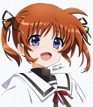 1girl 2025 :d black_ribbon blush brown_hair commentary_request dated hair_ribbon lyrical_nanoha open_mouth portrait purple_eyes red_ribbon ribbon sailor_collar san-pon shirt short_hair simple_background smile solo takamachi_nanoha twintails twitter_username white_background white_sailor_collar white_shirt
