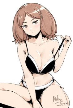 1girl artist_name black_bra black_panties bra breasts brown_eyes brown_hair cleavage closed_mouth collarbone commentary dot_nose english_commentary large_breasts light_blush looking_at_viewer medium_hair navel original panties relaxjon simple_background sitting solo twitter_username underwear white_background