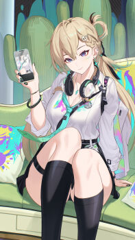 1girl absurdres aqua_necktie black_nails black_skirt black_socks blonde_hair breasts cellphone chinese_commentary cleavage closed_mouth commentary_request earrings fingernails headphones headphones_around_neck highres holding holding_phone id_card indoors jacket jewelry looking_at_viewer lynae_(wuthering_waves) medium_breasts mole nail_polish necklace necktie partial_commentary phone purple_eyes shirt sitting skirt smartphone smile socks solo star_(symbol) star_earrings thigh_strap weiliang white_jacket white_shirt wuthering_waves