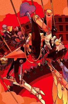 1girl 1other 2boys addison_(deltarune) axe black_hair blue_addison_(deltarune) bodysuit boots cityscape colored_skin corded_phone deltarune doll_joints full_body furry furry_female furry_male gloves goat_boy heterochromatic_eyewear highres holding holding_axe holding_phone horns joints kanpachi999 kris_(dark_world)_(deltarune) kris_(deltarune) mechanical_wings midair multiple_boys orange_addison_(deltarune) phone pink_addison_(deltarune) pink_hair pink_skin plant pointy_nose puppet_strings railroad_tracks ralsei round_eyewear scarf spamton_g._spamton spamton_neo susie_(dark_world)_(deltarune) susie_(deltarune) tinted_eyewear utdr_(toby_fox) vines white_boots wings yellow_addison_(deltarune)