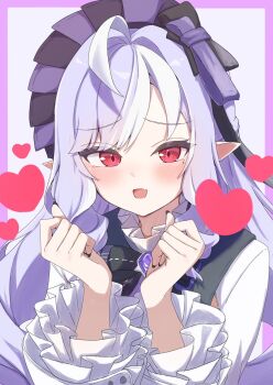 Rule 34 | 1girl, ahoge, ascot, blush, bow, bowtie, commentary request, gem, hairband, heart, highres, long hair, looking at viewer, mole, mole under eye, multicolored hair, open mouth, pointy ears, purple ascot, purple bow, purple bowtie, purple gem, purple hair, purple hairband, red eyes, shrug (clothing), smile, solo, streaked hair, upper body, vivian banshee, white shrug, yoshimura pmc38, zenless zone zero