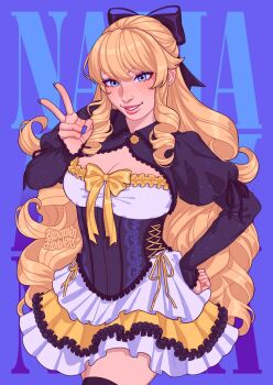 1girl black_corset black_shirt black_thighhighs blonde_hair bloominflowers blue_background blue_eyes breasts cleavage cleavage_cutout clothing_cutout collared_shirt corset crop_top dress frilled_dress frills genshin_impact highres long_hair looking_at_viewer medium_breasts navia_(genshin_impact) ringlets shirt solo text_background thighhighs v