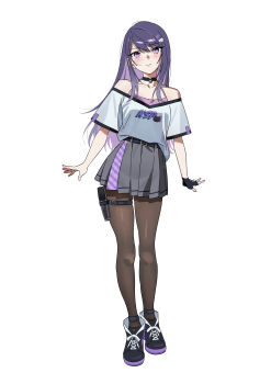 1girl absurdres bare_shoulders belt black_belt black_choker black_gloves black_shoes black_trim blush breasts brown_pantyhose cat_hair_ornament choker closed_mouth colored_shoe_soles commentary fingerless_gloves full_body gloves grey_skirt hair_ornament hairpin highres ksp_(vtuber) long_hair looking_at_viewer medium_breasts meridian_project miniskirt off-shoulder_shirt off_shoulder open_hands outstretched_hand pantyhose pleated_skirt pouch purple_eyes purple_hair ryoyu_(ryoyustarlight) shirt shirt_partially_tucked_in shoes simple_background single_fingerless_glove single_glove skirt smile solo standing thigh_pouch thigh_strap virtual_youtuber white_background white_shirt