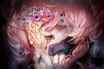 1girl aqua_hair aquila_(honkai:_star_rail) collar commentary crying drill_hair english_commentary glitch green_eyes hair_between_eyes hashtag-only_commentary heterochromia highres honkai:_star_rail honkai_(series) hyacine_(honkai:_star_rail) long_sleeves multicolored_eyes nyeppu open_mouth pink_hair solo streaming_tears tears yellow_blood