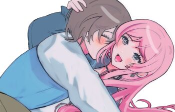 2girls bang_dream! bang_dream!_it's_mygo!!!!! blue_jacket blush chihaya_anon closed_eyes commentary earrings fang grey_eyes grey_hair highres hug i00236 jacket jewelry long_hair multiple_girls open_mouth pink_hair short_hair takamatsu_tomori yuri