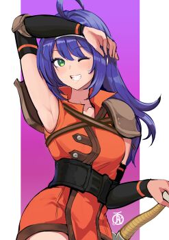 1girl ahoge arm_up armpits border breasts commentary dress english_commentary fire_emblem fire_emblem:_path_of_radiance gradient_background green_eyes grin hand_on_hilt highres long_hair looking_at_viewer maid_headdress medium_breasts mia_(fire_emblem) nintendo one_eye_closed orange_dress pink_background purple_background revolverwing shoulder_pads sleeveless sleeveless_dress smile solo standing sword thighs weapon white_border