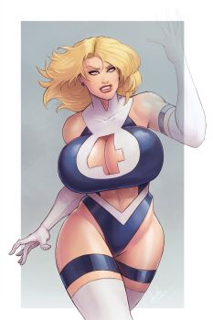 1girl absurdres blonde_hair blue_eyes blue_leotard breasts cleavage cleavage_cutout clothing_cutout curvy devilhs earrings elbow_gloves fantastic_four gloves highleg highleg_leotard highres invisible jewelry large_breasts leotard lips lipstick long_hair makeup marvel navel official_alternate_costume red_lips solo sue_storm thighhighs thighlet thighs white_gloves white_thighhighs