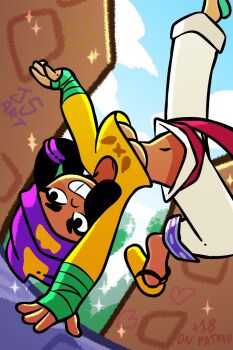 brawl_stars brazil breast_slip capoeira dancing dynamic_pose fighting_stance highres jsart12 mina_(brawl_stars) patreon_username simple_background smile