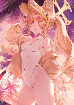 1girl adjusting_eyewear animal_ear_fluff animal_ears baisi_shaonian bare_shoulders blonde_hair blue_archive blush commentary covered_navel fox_ears fox_girl fox_tail hair_over_one_eye halo highleg highleg_one-piece_swimsuit highres impossible_clothes impossible_swimsuit jacket long_hair looking_at_viewer official_alternate_costume official_alternate_hairstyle one-piece_swimsuit open_clothes open_jacket open_mouth pink-tinted_eyewear pink_eyes seia_(blue_archive) seia_(swimsuit)_(blue_archive) side_ponytail sidelocks solo sunglasses swimsuit tail tinted_eyewear visor_cap white_one-piece_swimsuit yellow_halo yellow_jacket
