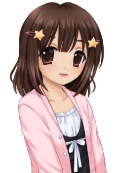 Rule 34 | 1girl, black shirt, brown eyes, brown hair, cardigan, closed mouth, commentary, english commentary, hair ornament, hairclip, kigidere, looking at viewer, open cardigan, open clothes, original, pink cardigan, self-portrait, shirt, solo, star (symbol), star hair ornament, upper body, white background