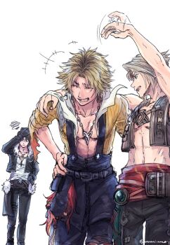 3boys abs black_gloves black_jacket blonde_hair blue_eyes brown_hair chain chain_necklace closed_eyes commentary_request dissidia_final_fantasy final_fantasy final_fantasy_viii final_fantasy_x final_fantasy_xii fur-trimmed_jacket fur_trim gloves hand_on_another's_shoulder hand_on_own_hip highres in-franchise_crossover jacket jewelry laughing looking_back male_focus multiple_boys necklace open_mouth short_hair squall_leonhart standing tidus toned toned_male twitter_username vaan_(ff12) walking warori_anne white_background
