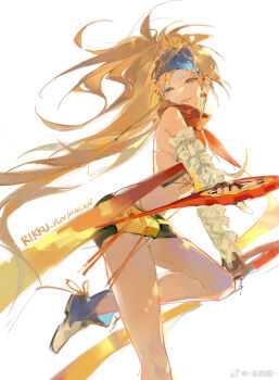 1girl arm_bow bare_legs bikini bikini_under_clothes black_bikini black_gloves black_shorts blonde_hair blue_boots blue_headband boots bow character_name chinese_commentary commentary_request dual_persona earrings eyelashes fanny_pack final_fantasy final_fantasy_x fingerless_gloves floating foot_out_of_frame footwear_ribbon gloves green_eyes hair_ornament headband highres holding holding_weapon jewelry leg_up long_hair looking_at_viewer messy_hair mismatched_earrings multicolored_boots open_mouth red_scarf ribbon rikku_(ff10) scarf short_shorts shorts signature simple_background smile solo sphere_earrings sphere_hair_ornament stomach swimsuit teeth two-tone_boots upper_teeth_only very_long_hair watermark weapon weibo_watermark white_arm_warmers white_background white_boots white_bow yellow_bag yellow_ribbon zhanzhan_lan