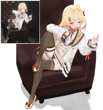 1girl ahoge blonde_hair brown_sailor_collar chair commentary d5y0m fortissimo frilled_jacket frills hair_ornament highres hololive jacket long_sleeves musical_note musical_note_hair_ornament on_chair one_side_up open_mouth otonose_kanade panties piano_print red_ribbon ribbon sailor_collar simple_background symbol-only_commentary thighhighs underwear virtual_youtuber white_background