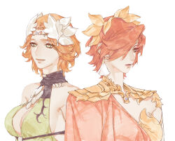 Rule 34 | 2girls, alternate hair length, alternate hairstyle, azeyma, bare shoulders, breasts, chinese commentary, circlet, cleavage, cleavage cutout, clothing cutout, collarbone, commentary request, dress, earrings, final fantasy, final fantasy xiv, green dress, green eyes, hair ornament, hair over one eye, highres, jewelry, laurel crown, leaf hair ornament, looking ahead, multiple girls, nophica, one eye covered, orange hair, red hair, short hair, simple background, single earring, sleeveless, sleeveless dress, smile, toga, upper body, white background, wo dou gao shi&#039;er shennu, yellow eyes