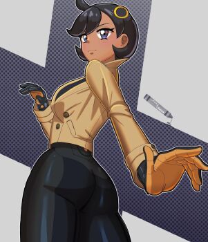 1girl ass black_hair bodysuit breasts crayon dark-skinned_female dark_skin emma_(pokemon) gloves jacket leakycrayon long_sleeves nintendo pokemon pokemon_legends:_z-a purple_eyes short_hair