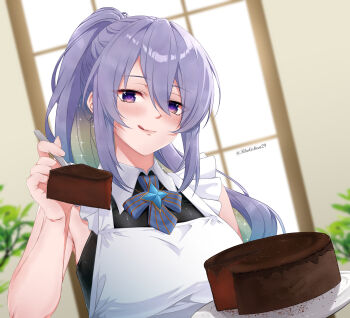 Rule 34 | 1girl, :q, absurdres, apron, bare arms, black shirt, blonde hair, blurry, blurry background, breasts, brooch, cake, chocolate cake, collared shirt, colored inner hair, commentary, double-parted bangs, food, frilled apron, frills, gradient hair, hair between eyes, highres, holding, holding cake, holding food, hololive, hololive indonesia, horisu (kholiskun), incoming food, indoors, jewelry, large breasts, long hair, looking at viewer, moona hoshinova, moona hoshinova (1st costume), multicolored hair, ponytail, purple eyes, purple hair, shirt, sleeveless, sleeveless shirt, solo, star brooch, starry hair, symbol-only commentary, tongue, tongue out, two-tone hair, upper body, virtual youtuber, white apron, wing collar