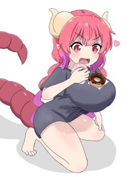 1girl bare_legs barefoot black_shirt breasts colored_tips donut dot_nose dragon_girl dragon_horns dragon_tail eating eyebrows_hidden_by_hair eyelashes fang female_focus food from_above from_side gradient_hair hand_on_own_knee hand_up holding holding_food horns huge_breasts ilulu_(maidragon) kneeling kobayashi-san_chi_no_maidragon long_hair looking_at_object looking_down matching_hair/eyes microdon multicolored_hair open_mouth pointy_ears purple_hair red_eyes red_hair shirt short_sleeves shortstack simple_background slit_pupils smile solo t-shirt tail turning_head two-tone_hair white_background