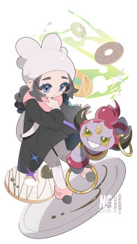 1girl absurdres ame_akira ansha_(pokemon) backpack bag black_coat blue_eyes closed_mouth coat commentary_request donut eyelashes food gen_6_pokemon hand_up hat highres hoopa hoopa_(confined) leg_warmers legendary_pokemon long_hair long_sleeves mythical_pokemon nintendo pantyhose pink_leg_warmers pink_scarf pokemon pokemon_(creature) pokemon_legends:_z-a scarf shoes smile watermark white_bag