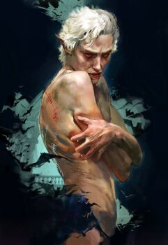 Rule 34 | 1boy, astarion, baldur's gate, baldur's gate 3, black background, bleeding, blood, dungeons & dragons, dungeons &amp; dragons, hashtag-only commentary, highres, male focus, nude, open mouth, red eyes, scar, short hair, solo, tudou estor, white hair