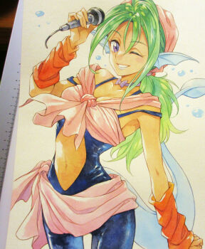 1girl agahari arm_warmers bandana bandeau black_bodysuit blue_lips bodysuit bow bow_choker breasts choker cleavage clothing_cutout commentary_request cowboy_shot dark-skinned_female dark_skin fins fish_girl green_hair head_fins highres holding holding_microphone juri_(yu_yu_hakusho) lipstick long_hair looking_at_viewer low_ponytail makeup medium_breasts microphone navel one_eye_closed orange_arm_warmers painting_(medium) photo_(medium) pink_bandana pink_bandeau ponytail purple_bow purple_choker purple_eyes smile solo standing stomach_cutout tail traditional_media yuu_yuu_hakusho