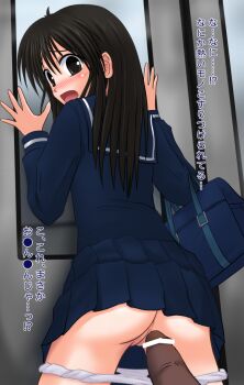 Rule 34 | 1girl, against glass, against wall, bag, blush, brown eyes, brown hair, censored, chikan, cleft of venus, hanamaru shuzo, long hair, molestation, open mouth, original, panties, panty pull, penis, pleated skirt, pussy, school bag, school uniform, skirt, train, train interior, translated, underwear, white panties
