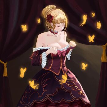 1girl bare_shoulders beatrice_(umineko) black_dress braid breasts bug bun_with_braided_base butterfly cleavage closed_eyes closed_mouth collarbone commentary dress english_commentary eyelashes flower hair_bun hair_flower hair_ornament highres holyalm4 insect large_breasts layered_dress medium_hair red_flower red_rose rose single_hair_bun smile solo standing umineko_no_naku_koro_ni yellow_butterfly