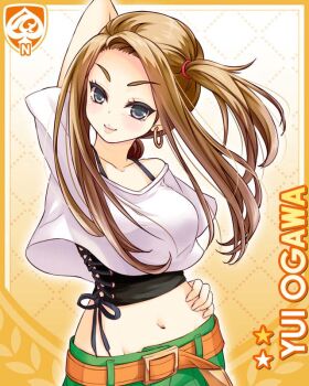 1girl bare_shoulders belt black_eyes brown_belt brown_hair card_(medium) character_name crop_top earrings girlfriend_(kari) jewelry looking_at_viewer navel official_art ogawa_yui_(girlfriend_(kari)) qp:flapper shirt side_ponytail smile solo standing white_shirt yellow_background
