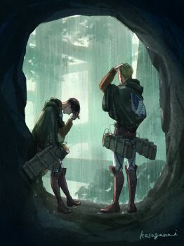 2boys artist_name black_hair blonde_hair boots brown_boots brown_jacket cave cloak erwin_smith facing_away forest from_behind full_body green_cloak hand_in_own_hair hand_on_own_head highres hood hood_down hooded_cloak jacket kasagana_i leaning_forward levi_(shingeki_no_kyojin) male_focus multiple_boys nature outdoors pants rain shingeki_no_kyojin short_hair survey_corps_(emblem) three-dimensional_maneuver_gear tree wet wet_clothes wet_hair white_pants