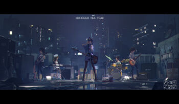 3d 5girls air_conditioner akiyama_mio amplifier arm_up arrow_(symbol) band_(music) black_bra black_footwear black_hair black_legwear black_pants black_skirt blonde_hair blue_shirt boots bow box bra bra_strap breasts brown_footwear cardboard_box dress drum drum_set electric_guitar english_text female_focus fen_bang_laoda fence full_body grey_shirt group_name guitar hair_bobbles hair_bow hair_ornament hairclip hand_up hat headband heel_up high_heels highres hirasawa_yui ho-kago_tea_time holding holding_instrument instrument k-on! keyboard_(instrument) knees_together_feet_apart korg korg_triton kotobuki_tsumugi letterboxed long_hair looking_at_viewer looking_down marshall microphone microphone_stand miniskirt multiple_girls music nakano_azusa night off-shoulder_shirt off_shoulder outdoors oversized_clothes oversized_shirt pants pantyhose peaked_cap playing_instrument pleated_skirt polka_dot polka_dot_shirt roland_(company) rooftop satellite_dish shiny_clothes shirt shoes short_hair short_sleeves side_ponytail sidelocks sideways_hat singing sitting skirt sky small_breasts speaker standing striped_clothes striped_dress tainaka_ritsu tape_recorder torn_clothes torn_pants underwear watermark white_dress white_footwear white_headband white_headwear window yamaha