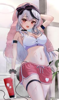 1girl :d after_bathing arm_strap arm_up black_choker black_panties black_streaks bow_hairband bra breasts center-flap_bangs choker cleavage commentary_request double-parted_bangs fang grey_hair hair_dryer hairband highres holding holding_hair_dryer hololive inari_(ambercrown) indoors large_breasts linea_alba long_hair looking_at_viewer multicolored_hair navel no_shirt open_mouth panties panty_straps pink_shorts plant potted_plant red_eyes sakamata_chloe scrunchie short_shorts shorts sidelocks smile solo stomach thigh_strap towel towel_on_head two-tone_hair underwear virtual_youtuber white_bra wrist_scrunchie