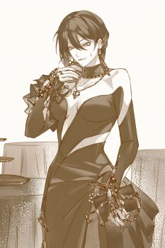 1girl bare_shoulders breasts breasts_apart chain chain_necklace chinese_commentary clothing_cutout collarbone commentary cowboy_shot cupcake deren_(eclat_eminence)_(path_to_nowhere) deren_(path_to_nowhere) detached_collar detached_sleeves dress earrings food hair_behind_ear hair_between_eyes heart heart_necklace highres holding holding_food holding_wallet jewelry linea_alba looking_at_food looking_down medium_breasts miaotae monochrome multiple_necklaces nail_polish necklace nervous official_alternate_costume path_to_nowhere ring simple_background single_sidelock sleeves_past_wrists solo stomach_cutout strapless strapless_dress sweat table tablecloth tiered_tray wallet