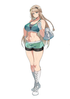 1girl abs absurdres alternate_costume bandaged_hand bandages bike_shorts bike_shorts_under_shorts black_shorts blue_eyes boots boxing_gloves braid braided_ponytail breasts brown_hair carrying_over_shoulder chinese_commentary cleavage closed_mouth commentary_request crown_braid dolphin_shorts eiyuu_densetsu elaine_auclair full_body gloves green_gloves green_shorts green_sports_bra hair_between_eyes hair_tubes hand_on_own_hip hand_wraps highres knee_boots kuro_no_kiseki_(series) lace-up_boots large_breasts light_smile long_hair looking_at_viewer multicolored_gloves navel shorts simple_background solo sports_bra standing stomach toned toned_female two-tone_gloves unworn_gloves white_background white_boots white_gloves xllam