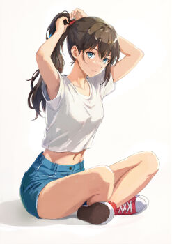 1girl arm_up armpits bare_legs blue_eyes blue_shorts brown_hair closed_mouth commentary_request full_body hair_tie highres long_hair looking_at_viewer midriff navel ooi_choon_liang original ponytail red_shoes shirt shoes short_shorts short_sleeves shorts simple_background sitting smile sneakers solo tying_hair white_background white_shirt