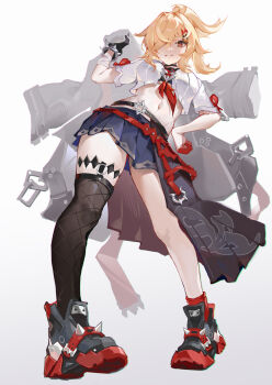 1girl absurdres asc11 black_choker black_gloves blonde_hair breasts chenxue_(astralop) chenxue_(honkai_impact) choker crop_top gloves hair_ornament hair_over_one_eye highres honkai_(series) honkai_impact_3rd long_hair looking_at_viewer official_alternate_costume official_alternate_hair_length official_alternate_hairstyle original red_eyes shirt short_sleeves simple_background stomach white_background white_shirt