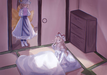 Rule 34 | 2girls, absurdres, alternate costume, animal ears, ankle cuffs, blonde hair, blue ankle cuffs, blue tabard, book, closed mouth, collarbone, commentary, drawer, dress, faceless, fox ears, fox tail, frilled cuffs, frilled dress, frills, hat, hat ribbon, highres, long hair, long sleeves, multiple girls, nightgown, one eye closed, own hands together, purple eyes, red ribbon, ribbon, short hair, shouji, signature, sliding doors, socks, spica0831mint, tabard, tail, touhou, white dress, white hat, white nightgown, white socks, wide sleeves, wooden floor, yakumo ran, yakumo yukari