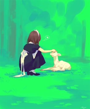 1girl ^_^ animal baby_animal back_bow black_dress black_footwear bow brown_hair closed_eyes dress facing_away forest frilled_hairband frills from_behind grass hairband hand_up heart lamb long_dress maeya_susumu maid maid_headdress medium_hair nature original outdoors outstretched_arm petting pleated_dress puffy_short_sleeves puffy_sleeves ribbon sheep shoes short_sleeves speech_bubble squatting thought_bubble white_bow white_hairband white_legwear white_ribbon wide_shot