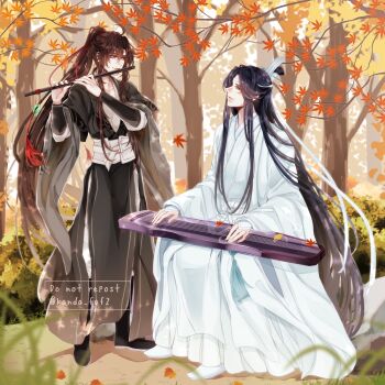 Rule 34 | 2boys, ahoge, autumn, autumn leaves, bishounen, black boots, black hair, black hanfu, blurry, boots, brown hair, bush, chenqing flute, chinese clothes, closed mouth, commentary request, couple, day, dizi, falling leaves, flute, flute tassel, full body, grass, grey pants, grey sash, guqin, hair ribbon, hanfu, headband, high ponytail, highres, holding, holding flute, holding instrument, instrument, instrument on lap, kanda faf2, lan wangji, leaf, long hair, long sleeves, looking at another, male focus, maple leaf, modao zushi, multiple boys, music, nature, on lap, outdoors, pants, playing flute, playing instrument, ponytail, purple eyes, red ribbon, ribbon, robe, sash, sidelocks, sitting, smile, standing, tassel, topknot, transverse flute, tree, twitter username, very long hair, wangji guqin, watermark, wei wuxian, white boots, white hanfu, white headband, white sash, wide sleeves, xiao guan (headdress), yaoi, yellow eyes
