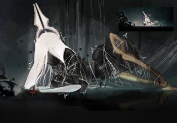 1girl arthropod_girl black_skin bound breasts colored_skin faceless game_screenshot_inset grand_mother_silk_(hollow_knight) highres hollow_knight hollow_knight:_silksong horns large_breasts long_hair lying solo string tied_up_(nonsexual) twitching white_hair yufishart