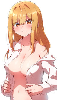 1girl absurdres blonde_hair blush breasts cleavage closed_mouth collarbone hair_between_eyes highres large_breasts long_hair long_sleeves looking_at_viewer mole mole_on_breast naked_shirt navel no_bra nyaa_(nnekoron) off_shoulder open_clothes open_shirt orange_eyes original shirt sidelocks simple_background single_bare_shoulder solo upper_body white_background white_shirt